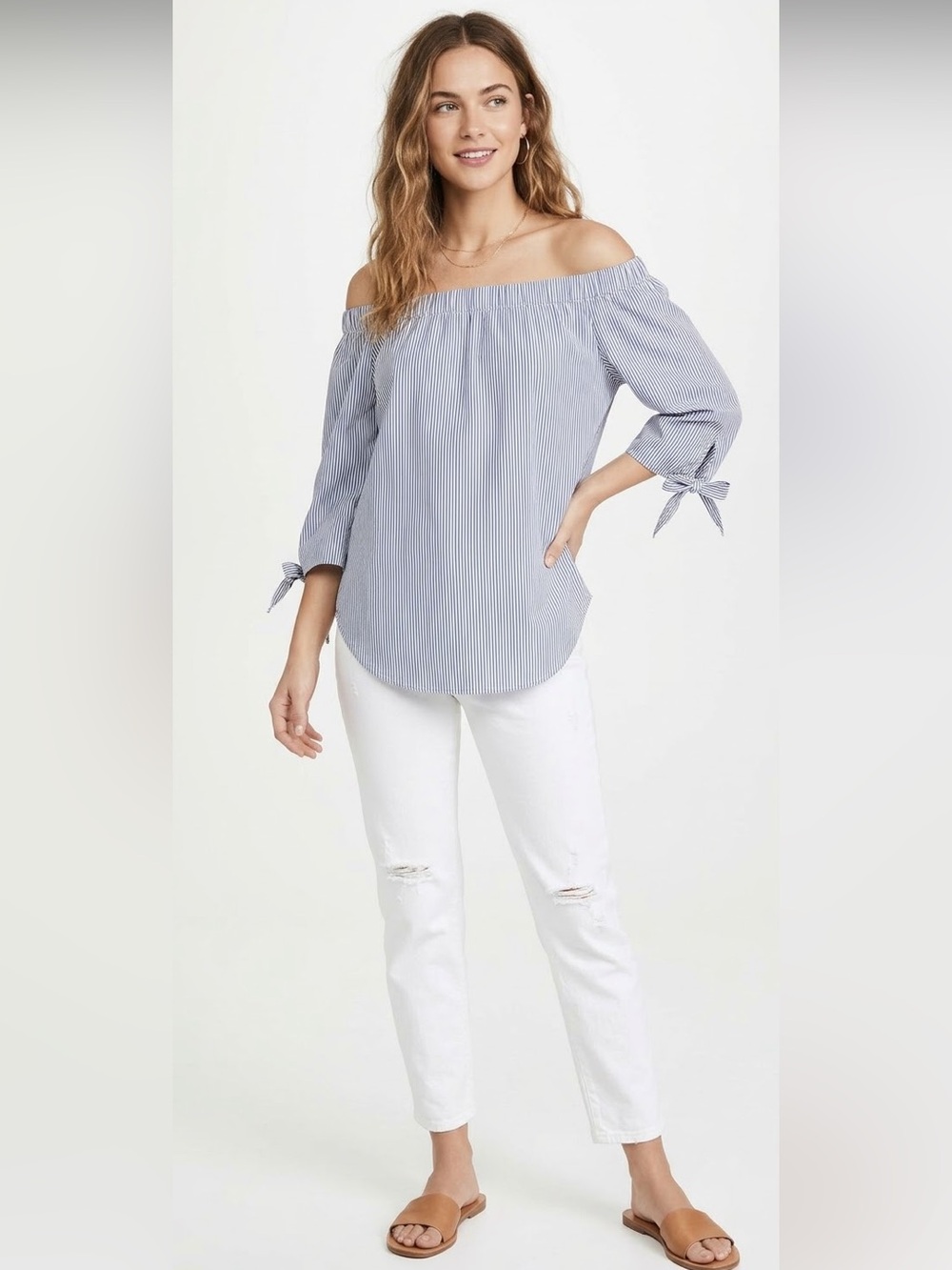 Philosophy Off The Shoulder Striped Flared Sleeve Cotton Blouse L